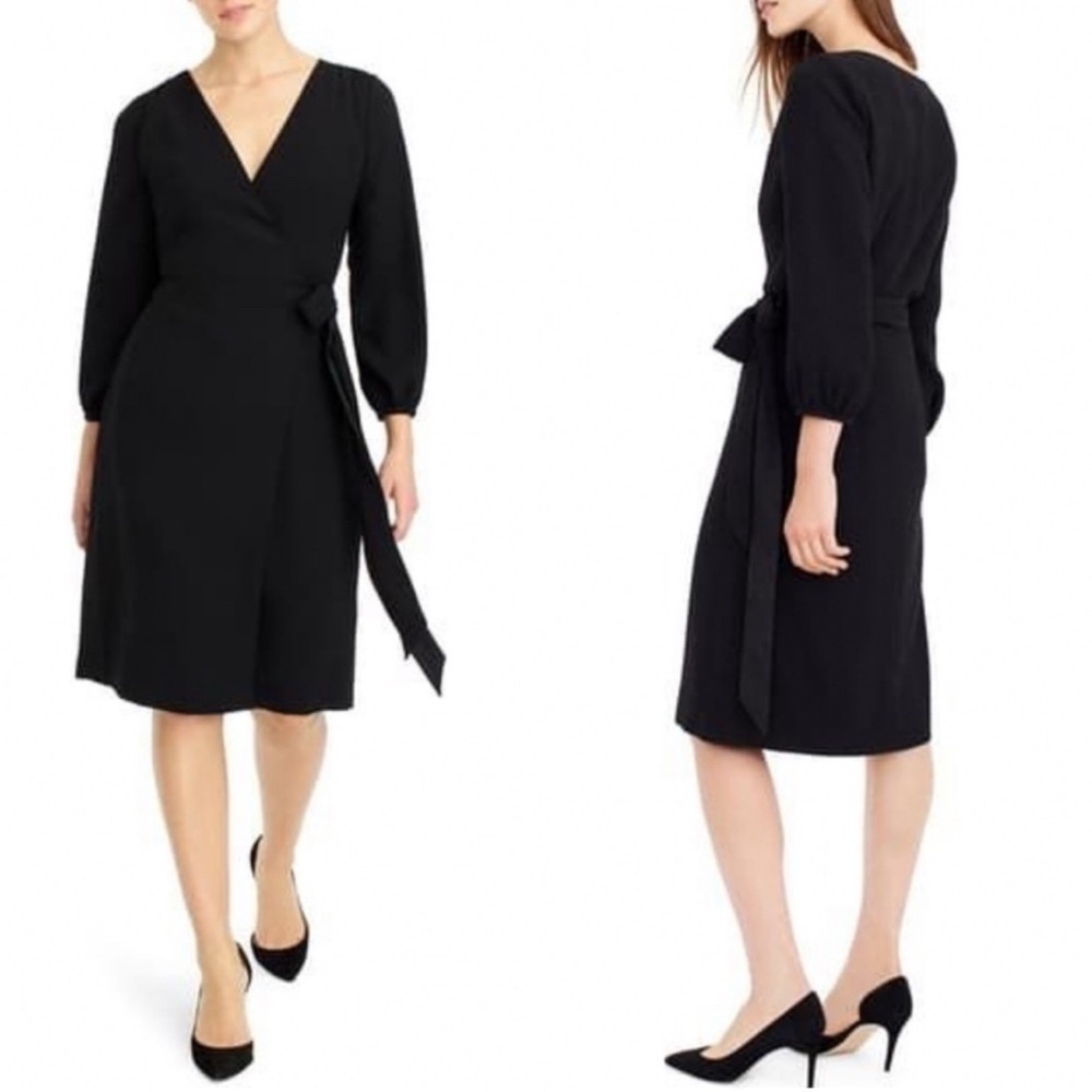 J. Crew size 6 Elegant Black crepe Wrap Dress, fitted cuffs , adjustable tie
